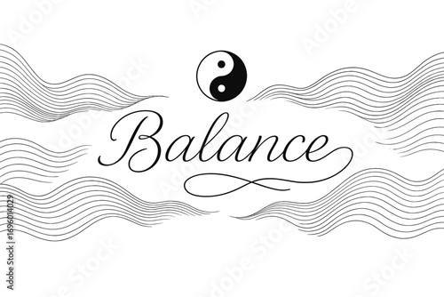 Pure thin line calligraphy minimal spiritual balance surrounded by abstract waves horizontal balanced layout clean white background vector look high contrast.