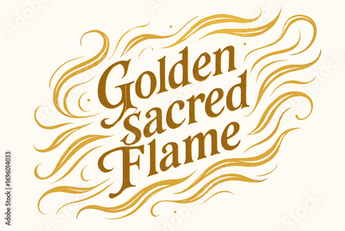 Golden Sacred Flame elegant calligraphy lettering with vintage touches glowing mystical tone surrounded by abstract waves diagonal decorative composition clean white background vector look.