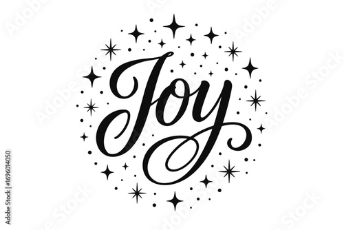 Joy elegant calligraphy lettering flowing cheerful style surrounded by festive sparkles circular frame composition clean white background vector look high contrast.