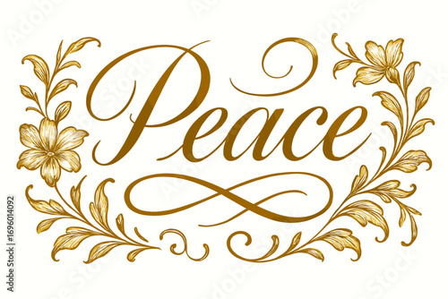 Golden Peace elegant calligraphy lettering luminous elegant strokes surrounded by floral ornaments horizontal balanced layout clean white background vector look high contrast.