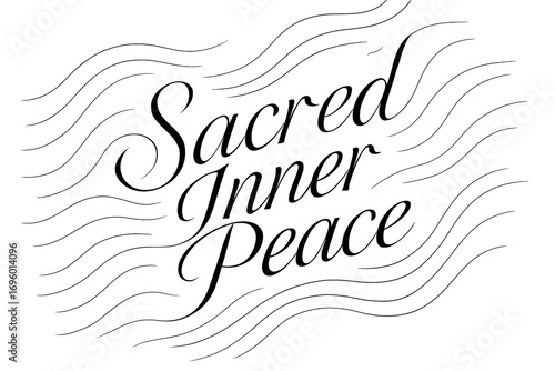 Sacred Inner Peace elegant calligraphy lettering with thin minimal details serene spiritual tone surrounded by abstract waves diagonal decorative composition clean white background vector.