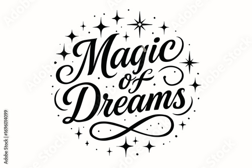 Magic Of Dreams elegant calligraphy lettering with glowing highlights surrounded by abstract sparkles circular frame composition clean white background vector look high contrast.