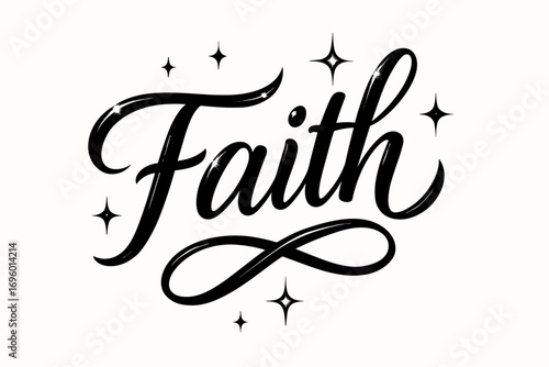 Shiny Faith elegant calligraphy lettering bright uplifting strokes surrounded by sparkles none clean white background vector look high contrast.