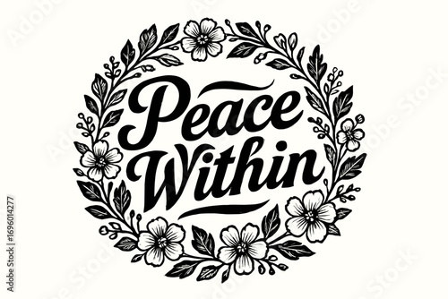 Peace Within bold vintage calligraphy with strong rustic flow surrounded by floral details circular frame composition clean white background vector look high contrast.