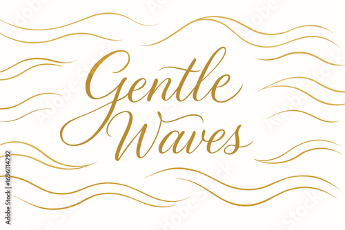 Golden Gentle Waves elegant calligraphy with thin organic strokes natural luminous flow surrounded by abstract wave shapes horizontal balanced layout clean white background vector look high.