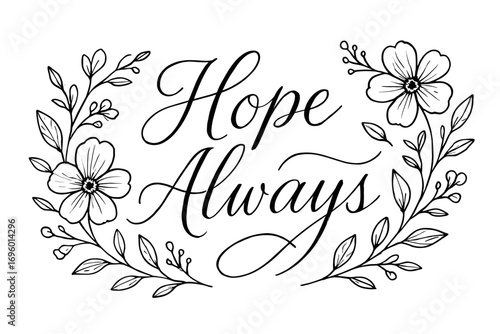 Hope Always thin line calligraphy with delicate uplifting strokes surrounded by floral details horizontal balanced layout clean white background vector look high contrast.