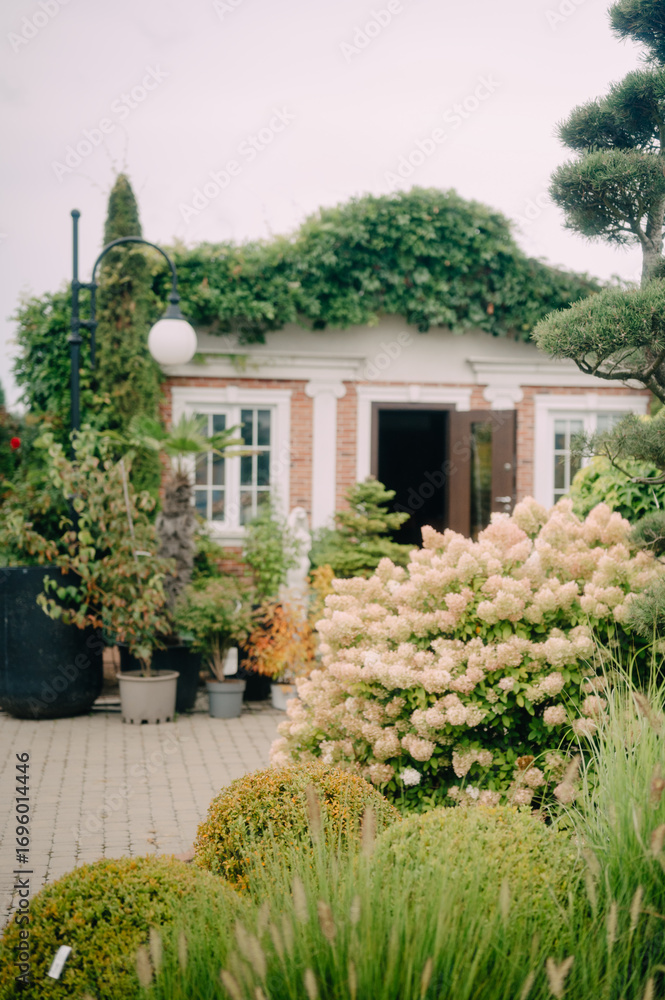 Fototapeta premium Charming Garden Shed with Lush Greenery and Blooming Flowers
