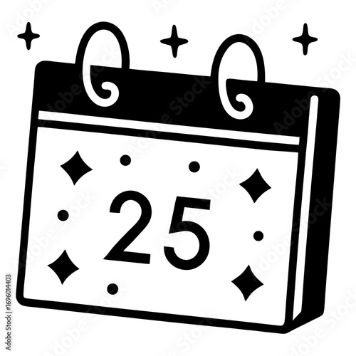 Festive Christmas Calendar Icon with Twenty Fifth Date in Black and White Style
