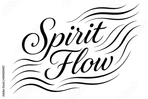 Spirit Flow elegant calligraphy lettering spiritual softness surrounded by abstract waves diagonal decorative composition clean white background vector look high contrast.