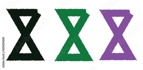 A stylized illustration of three Extinction Rebellion hourglass symbols in black, green, and purple, each with a textured, distressed brushstroke effect on a clean white background.