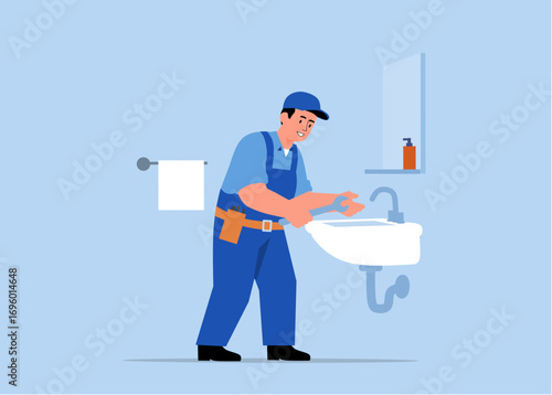 Skilled plumber performing sink repair service with tools vector illustration scalable eps