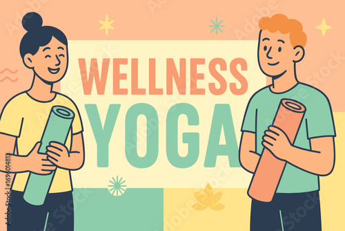 Wellness Yoga banner flat vector illustration bold oversized text inside rectangular frame cartoon characters holding yoga mats pastel colors in pastel coral mint aqua butter high contrast.