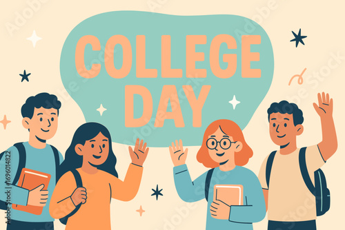 College Day banner flat vector illustration bold oversized text inside rounded blob cartoon characters waving with books and backpacks pastel colors in mint aqua peach beige powder blue.