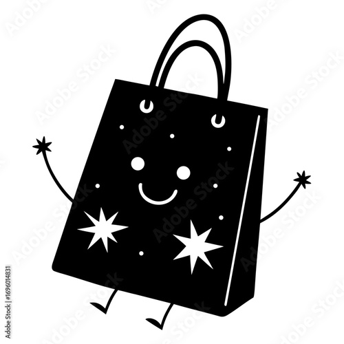 Cheerful shopping bag with a smiley face and star decorations representing happiness and consumerism