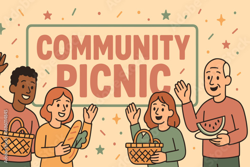 Community Picnic banner flat vector illustration bold oversized text inside rectangular frame cartoon characters waving with baskets and food pastel colors in sage green pale orange dusty.