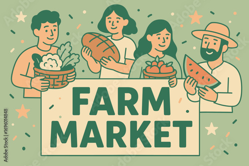 Farm Market banner flat vector illustration bold oversized text inside rectangular frame cartoon characters holding baskets and food pastel colors in sage green pale peach cream ivory high.