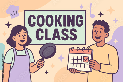 Cooking Class banner flat vector illustration bold oversized text inside rectangular frame cartoon characters holding pans and calendars pastel colors in peach beige mint aqua lavender.