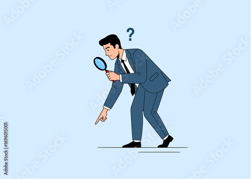 Businessman inspecting document with magnifying glass expressing confusion and search concept vector illustration