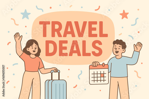 Travel Deals banner flat vector illustration bold oversized text inside rounded blob cartoon characters waving with suitcases and calendars pastel colors in baby blue sand beige pastel.