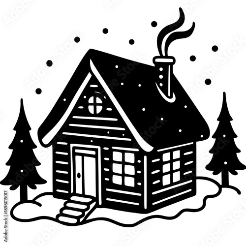Cozy Winter Cabin in Snowy Landscape Black and White Vector Illustration for Graphic Designs and Decoration