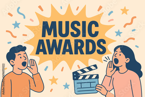 Music Awards banner flat vector illustration bold oversized text inside splash explosion cartoon characters shouting with clapper board pastel colors in powder blue peach orange blush pink.