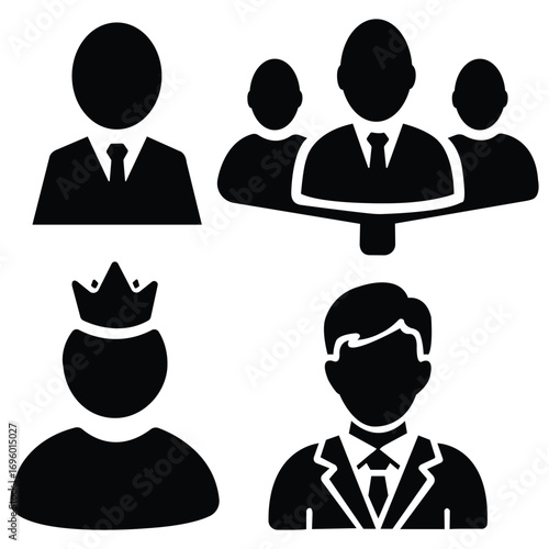  A collection of four black silhouette icons representing different business and professional roles, including a leader, a group of people, a king or monarch, and an executive.