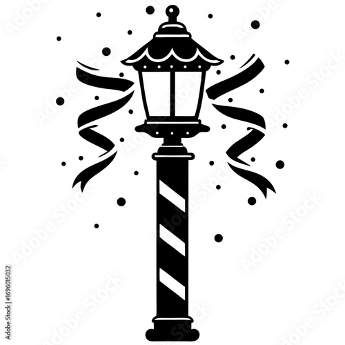 Festive Street Lamp Celebration in Monochrome Holiday Decoration with Ribbons and Confetti Design