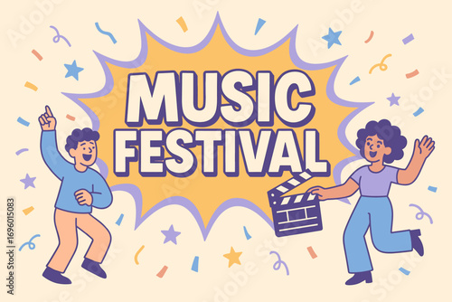 Music Festival banner flat vector illustration bold oversized text inside splash explosion cartoon characters dancing with clapper board pastel colors in baby blue peach beige lilac purple.