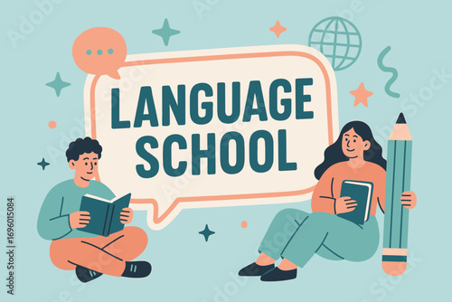 Language School banner flat vector illustration bold oversized text inside outline cartoon characters sitting with books and pencils pastel colors in powder blue pale coral mint green high.