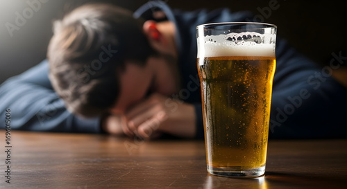 Man sleeping at bar with beer glass in front him alcohol abuse drunkard hangover nightlife pub