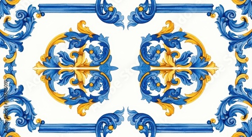 Antique Tile Pattern: A symmetrical close-up of an antique tile, featuring an intricate design of blue and gold floral elements that create a captivating and ornate pattern.
