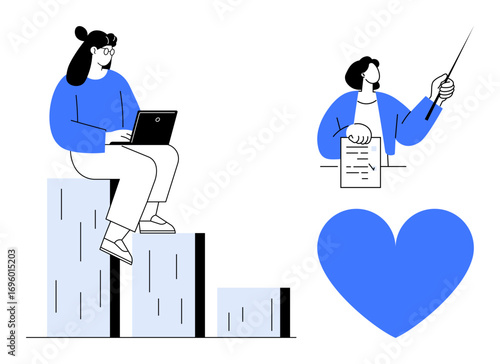 Wallpaper Mural Woman analyzing growth on bar chart, person presenting data, and a heart symbol. Ideal for teamwork, data analysis, personal growth, business strategy, leadership, education simple landing page Torontodigital.ca