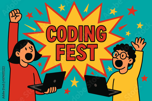 Coding Fest banner flat vector illustration bold oversized text inside splash explosion cartoon characters shouting with laptops bright solid colors in cobalt turquoise laser lemon ruby red.