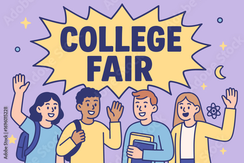 College Fair banner flat vector illustration bold oversized text inside comic burst cartoon characters waving with backpacks and books pastel colors in lavender purple butter sky blue high.