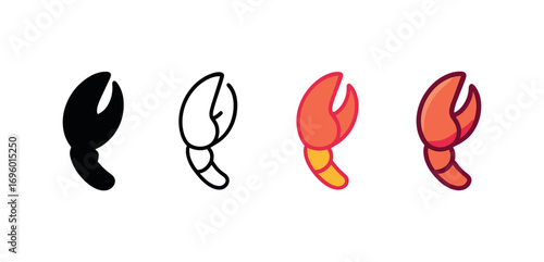 Vector icon lobster claw same pose same proportions four styles black solid glyph outline minimal flat multicolor filled cartoon flat shaded.