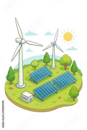 Renewable energy sources wind turbines and solar panels illustration on grassy field for sustainability concept