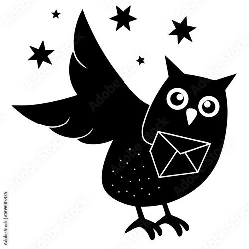 Black and White Owl Delivering Mail under a Starry Sky Vector Illustration for Design Projects
