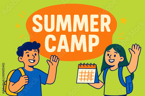 Summer Camp banner flat vector illustration bold oversized text inside rounded blob cartoon characters waving with backpacks and calendars bright solid colors in tangerine orange sapphire.