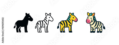 Vector icon zebra stripes same pose same proportions four styles black solid glyph outline minimal flat multicolor filled cartoon flat shaded.