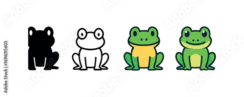 Vector icon frog sitting same pose same proportions four styles black solid glyph outline minimal flat multicolor filled cartoon flat shaded.