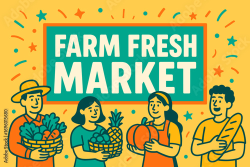 Farm Fresh Market banner flat vector illustration bold oversized text inside rectangular frame cartoon characters holding baskets and food bright solid colors in jade green pumpkin orange.