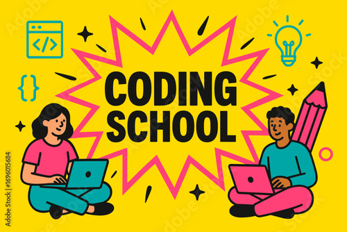 Coding School banner flat vector illustration bold oversized text inside splash explosion cartoon characters sitting with laptops and pencils bright solid colors in laser lemon cobalt.