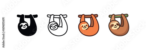 Vector icon sloth hanging same pose same proportions four styles black solid glyph outline minimal flat multicolor filled cartoon flat shaded.