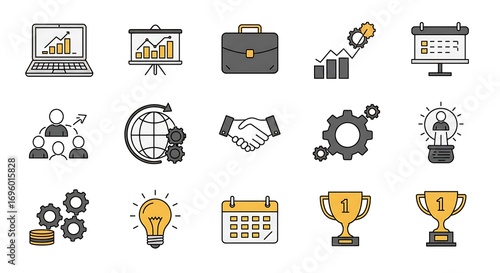 A comprehensive collection of monochrome vector icons representing business, finance, corporate management, and office communication concepts