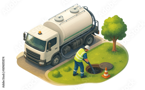 Sanitation worker servicing sewer with vacuum truck in green environment isometric vector