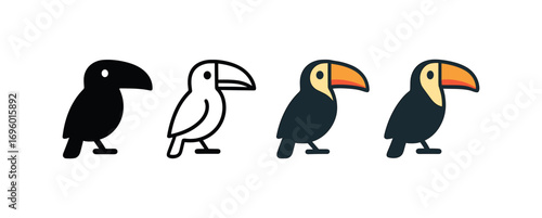 Vector icon toucan bird same pose same proportions four styles black solid glyph outline minimal flat multicolor filled cartoon flat shaded.