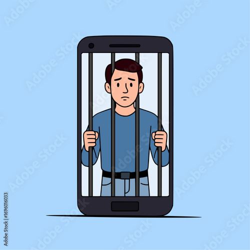 Man trapped inside smartphone screen jail bars digital imprisonment concept illustration