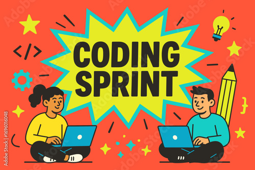 Coding Sprint banner flat vector illustration bold oversized text inside splash explosion cartoon characters sitting with laptops and pencils bright solid colors in ruby red aqua mint neon.