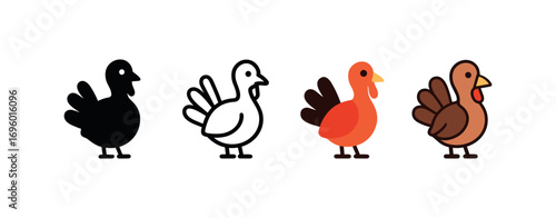 Vector icon turkey bird same pose same proportions four styles black solid glyph outline minimal flat multicolor filled cartoon flat shaded.