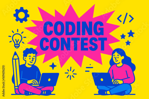 Coding Contest banner flat vector illustration bold oversized text inside splash explosion cartoon characters sitting with laptops and pencils bright solid colors in laser lemon cobalt blue.